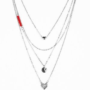 Multiple Layer Silver & Red Heart Necklace